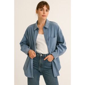 ZARA Oversized Corduroy Button-Down Shirt – Light Blue – Size XS